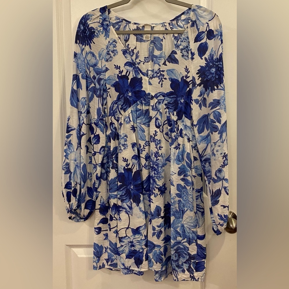 H&M A-line Dress Sz XS Blue & White Floral Print V-neck Balloon Sleeves